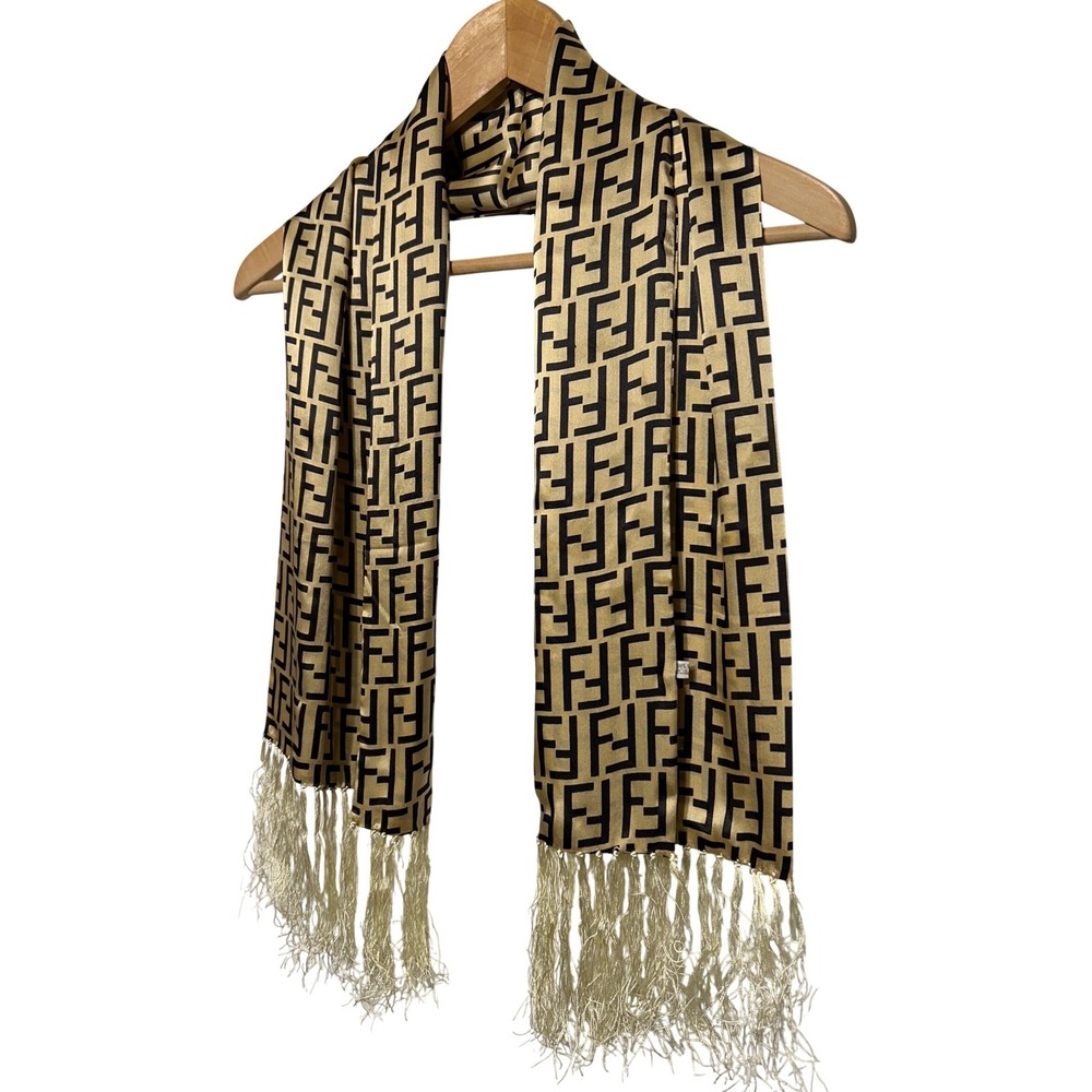 Fendi Zucca Print FF Monogram Silk Scarf Gold Fringe Trim 44" Long 11" Wide EUC